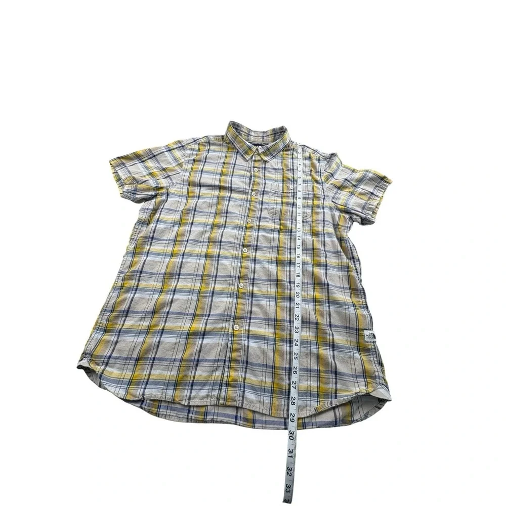 The‎ North Face Mens XL Plaid Short Sleeve Button Up Shirt Yellow Blue Cotton